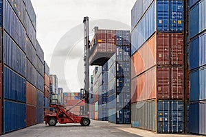 Folk lift car working in container yard for preparing imported or exported products background