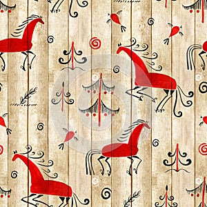 Folk ornamental. Mezen painting seamless pattern. Wood texture background