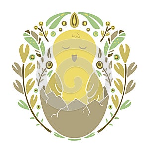 Folk ornamet with hatched chick. Round doodle template for t-shirt, poster, card, banner. Color floral illustration. Cute