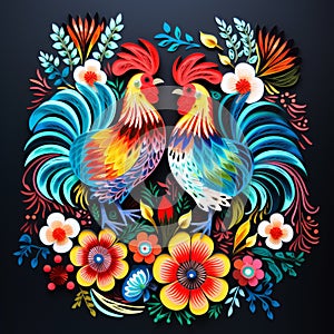 Folk pattern based on traditional Polish folk art. Colorful flowers and two roosters on black background. Square frame