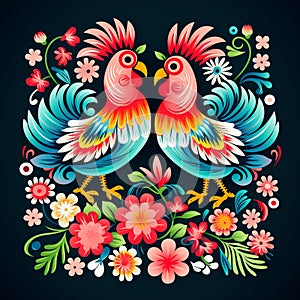 Folk pattern based on traditional Polish folk art. Colorful flowers and two roosters on black background. Square frame