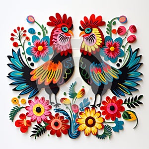 Folk pattern based on traditional Polish folk art. Colorful flowers and two roosters on white background. Square frame