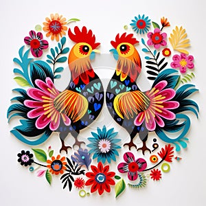 Folk pattern based on traditional Polish folk art. Colorful flowers and two roosters on white background. Square frame