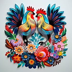 Folk pattern based on traditional Polish folk art. Colorful flowers and two roosters on white background. Square frame