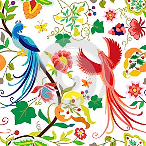 Folk pattern birds, flowers, leaf and grape branches in vintage style, isolated on white background