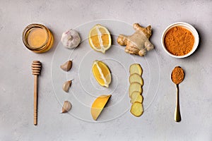 Folk remedies ginger, garlic, turmeric, honey, lemon. Ingridients for making drinks to prevent and treat colds