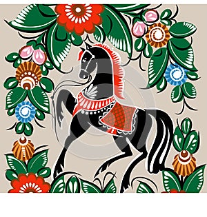 Folk Russian lubok horse drawing floral background