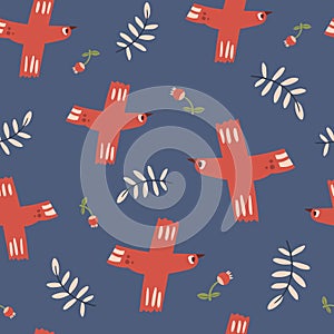 Folk scandi seamless pattern - birds, leaves, flowers, branches in scandinavian nordic style, ethnic floral repeating