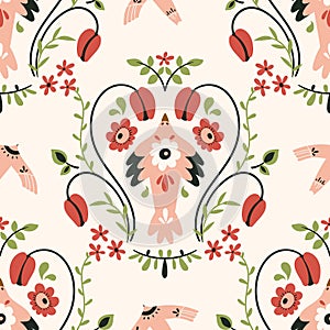 Folk scandi seamless pattern - birds, leaves, flowers, branches in scandinavian nordic style, ethnic floral repeating