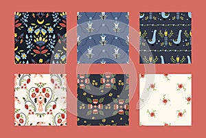 Folk scandi seamless pattern set - birds, leaves, flowers, branches in scandinavian nordic style, ethnic floral