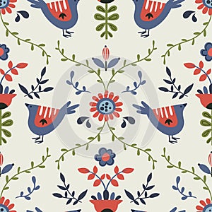 Folk seamless pattern - birds, leaves, flowers, branches in scandinavian nordic style, ethnic floral repeating motifs on