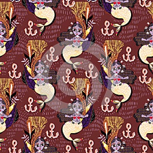 Folk spiritual cute boho flash style mermaid girl in the ocean seamless pattern.