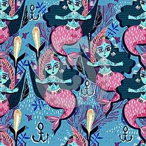 Folk spiritual cute boho flash style mermaid girl in the ocean seamless pattern.