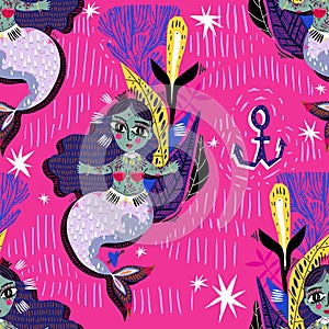 Folk spiritual cute boho flash style mermaid girl in the ocean seamless pattern.