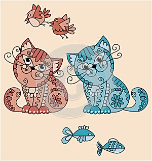 Folk-style cats with birds and fish