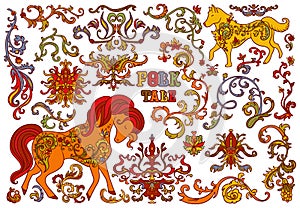 Folk tale ornament design elements set. Horse, wolf, flowers, plants with decorative patterns. Stylized objects on white backgroun