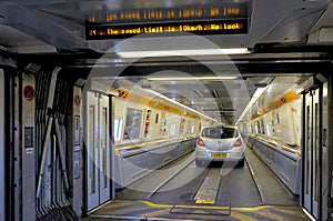 FOLKESTONE, ENGLAND, MAY 07 2016: Connecting doors between carriages on the Euro Tunnel train from Coquelles, France to