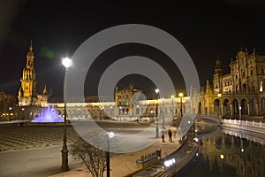 Plaza de Espana in Seville at night,with the lights of the street lamps