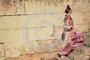 The girl with the typical flamenco dress going up the stairs photo