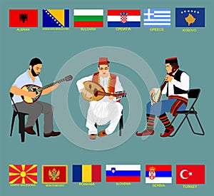 Folklore Music trio Greek, Turkish and Serbian musician guslar on  gusle instrument. Bouzouki player and oriental Balgama zurna