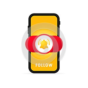 Follow button template with the notification bell on smartphone screen in hand. Follow red button sign in social media. Vector on