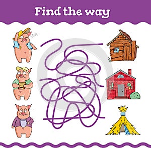 Follow the line Education games with three little pigs. Preschool or kindergarten worksheet. Vector illustration