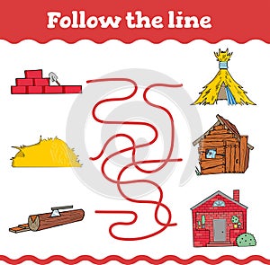 Follow the line Education games with three little pigs. Preschool or kindergarten worksheet. Vector illustration