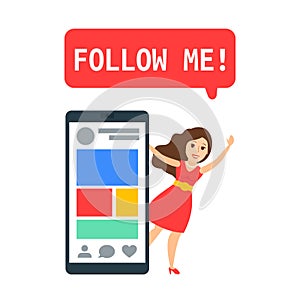 Follow me concept .cute woman with big smartphone social media interface searching followers