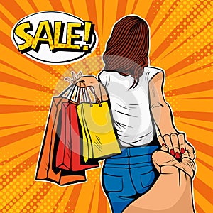 Follow me concept. Young woman leads a man on a shopping. Discounts and sales. Pop art illustration