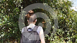 Follow to female hiker with backpack walks on the trail at tropical forest. Young backpacker explores green jungle at