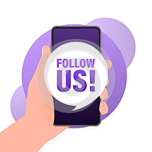 Follow us smartphone banner in 3D style on white background. Vector illustration.