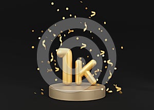 1000 followers card with golden confetti on black background. Banner for social network, blog. 1k followers or likes photo