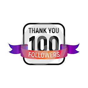 100 followers number with color bright ribbon isolated vector icon. One hundred follower thank you photo