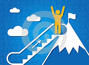 Following dreams and achieving success. Person on mountain top and moving staircase, blue background. Illustration