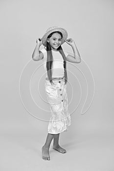 Following her style. she is ready for beach party. finally summer holiday. small girl beauty. child wear straw hat