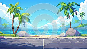 The following modern illustration shows a tropical summer background with palm trees and an empty asphalt road with photo