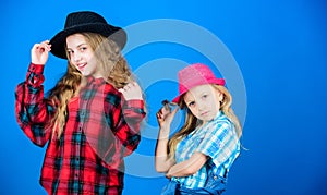 Following sister in everything. Girls kids wear fashionable hats. Small fashionista. Cool cutie fashionable outfit