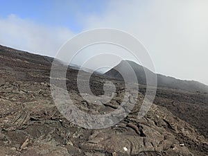 following the white trail to the Dolomieu Crater, Piton de la Fournaise, Reunion