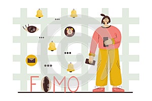 Fomo concept lettering. Girl phone both hands afraid miss important information. Girl stands background of the grid next