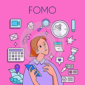 FOMO, fear of missing out concept. Woman with phone surrounded by social media icons. Trendy style. Vector illustration.