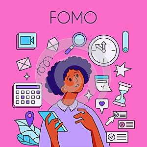 FOMO - Fear Of Missing Out concept. Young woman is holding phone, surrounded with social media symbols and alerts