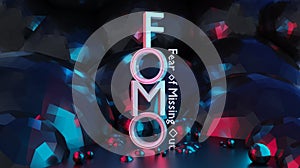 Fomo word as 3D text or logo concept placed on a black polished surface.