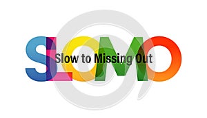 FOMO word vector illustration. Slow To Missing Out. Colored rainbow text. Vector banner. Corporate concept. Gradient