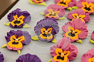 fondant pansies with painted faces on a silicone mat