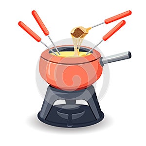 Fondue pot with assorted delicious traditional swiss cheese with burner and long handled forks with bread for dipping on