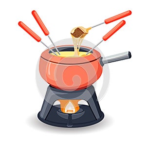 Fondue pot with assorted delicious traditional swiss cheese with burner and long handled forks with bread for dipping on photo