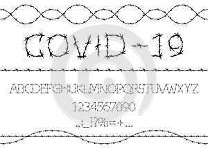 Alphabet of barbed wire. Prison letters and numbers set. Barbed Wire Stroke for Fencing. Font for events, promotions, logos, sign