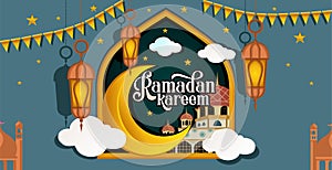 vector set of ramadan karem,lantern,mosque with ramadan moon shades.