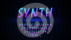 Font in 80s 90s style. Retrowave synthwave vaporwave design letters, numbers, symbols on dark background with laser grid