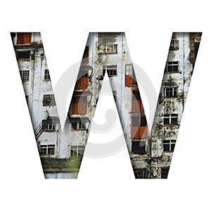 Font on an abandoned industrial building. The letter W cut out of paper on a background of windows and doors of an abandoned